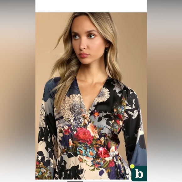 Lulus Put on a Smile Blue Floral Print Satin Wrap Maxi Dress - Picture 4 of 6